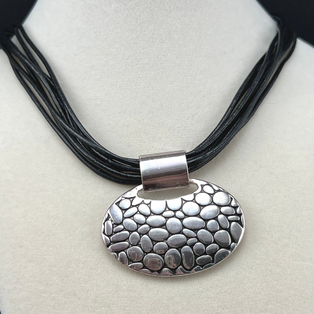 Vintage Napier Necklace Black Multi Strand Silver Tone Medallion 18"
